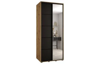 Šatníková skriňa DAVOS 5 posuvné dvere a zrkadlo, 100×235×45, DUB Artisan / čierna / čierne
