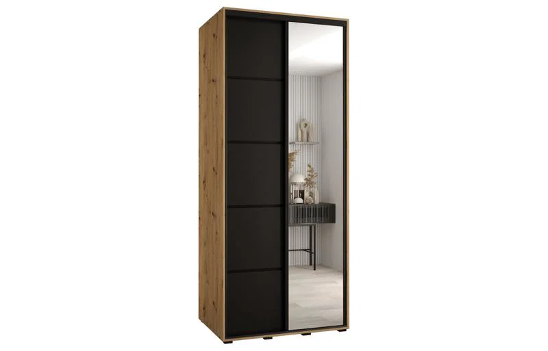 Šatníková skriňa DAVOS 5 posuvné dvere a zrkadlo, 100×235×45, DUB Artisan / čierna / čierne