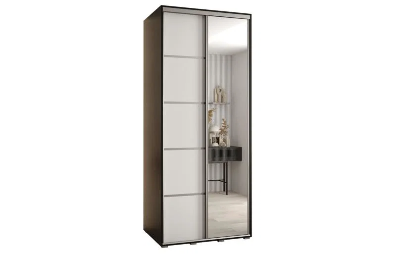Šatníková skriňa DAVOS 5 posuvné dvere a zrkadlo, 100×235×45, Čierna / biela / strieborné pojazdy