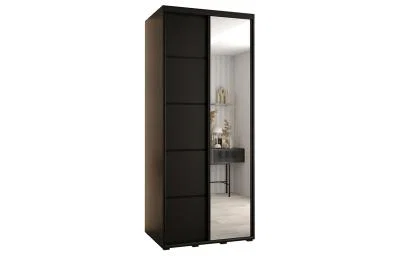 Šatníková skriňa DAVOS 5 posuvné dvere a zrkadlo, 100×235×45, Čierna / čierne pojazdy