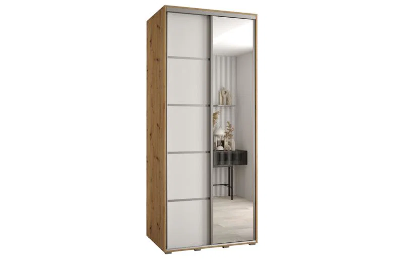 Šatníková skriňa DAVOS 5 posuvné dvere a zrkadlo, 120×235×45, DUB Artisan / biela / strieborné