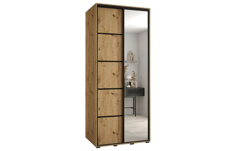 Šatníková skriňa DAVOS 5 posuvné dvere a zrkadlo, 120×235×45, DUB Artisan / čierne pojazdy