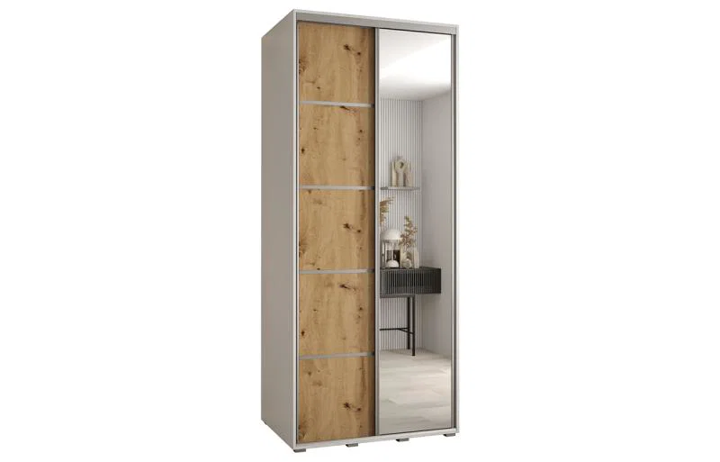 Šatníková skriňa DAVOS 5 posuvné dvere a zrkadlo, 120×235×45, Biela / DUB Artisan / strieborné