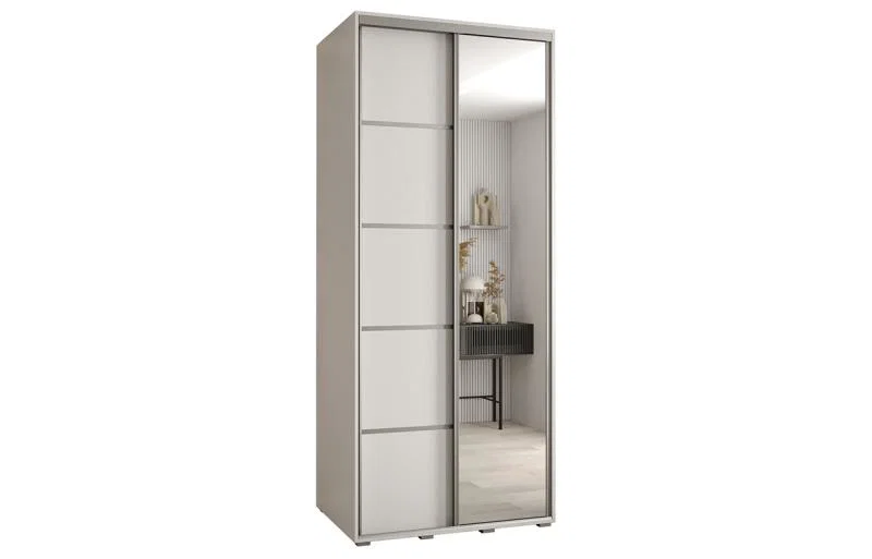 Šatníková skriňa DAVOS 5 posuvné dvere a zrkadlo, 120×235×45, Biela / strieborné pojazdy