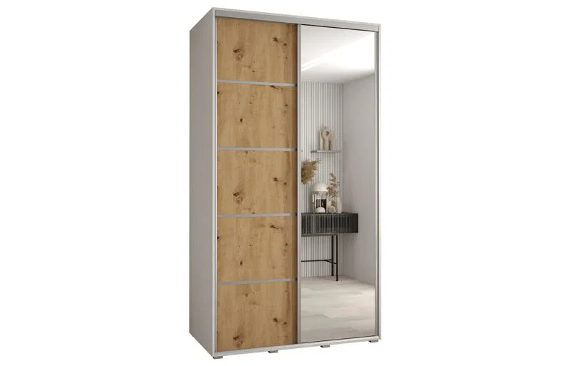 Šatníková skriňa DAVOS 5 posuvné dvere a zrkadlo, 140×235×45, Biela / DUB Artisan / strieborné