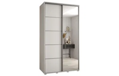 Šatníková skriňa DAVOS 5 posuvné dvere a zrkadlo, 140×235×45, Biela / strieborné pojazdy
