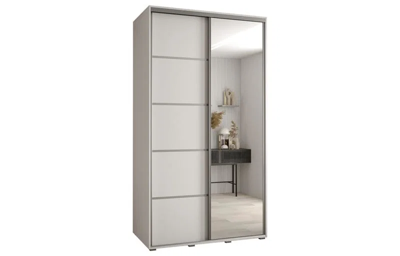 Šatníková skriňa DAVOS 5 posuvné dvere a zrkadlo, 140×235×45, Biela / strieborné pojazdy
