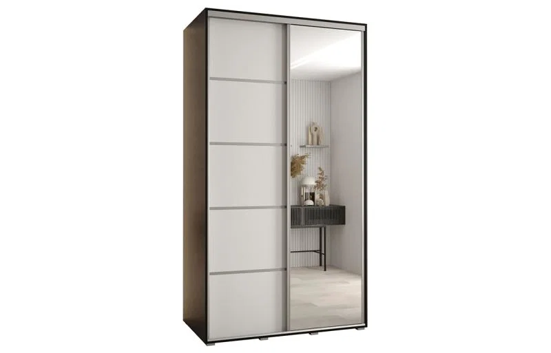 Šatníková skriňa DAVOS 5 posuvné dvere a zrkadlo, 140×235×45, Čierna / biela / strieborné pojazdy