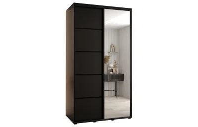 Šatníková skriňa DAVOS 5 posuvné dvere a zrkadlo, 140×235×45, Čierna / čierne pojazdy