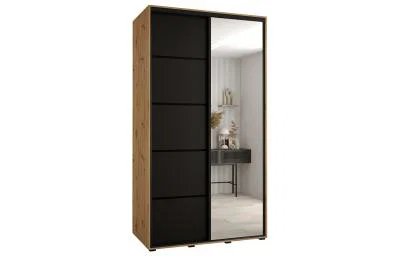 Šatníková skriňa DAVOS 5 posuvné dvere a zrkadlo, 140×235×45, DUB Artisan / čierna / čierne