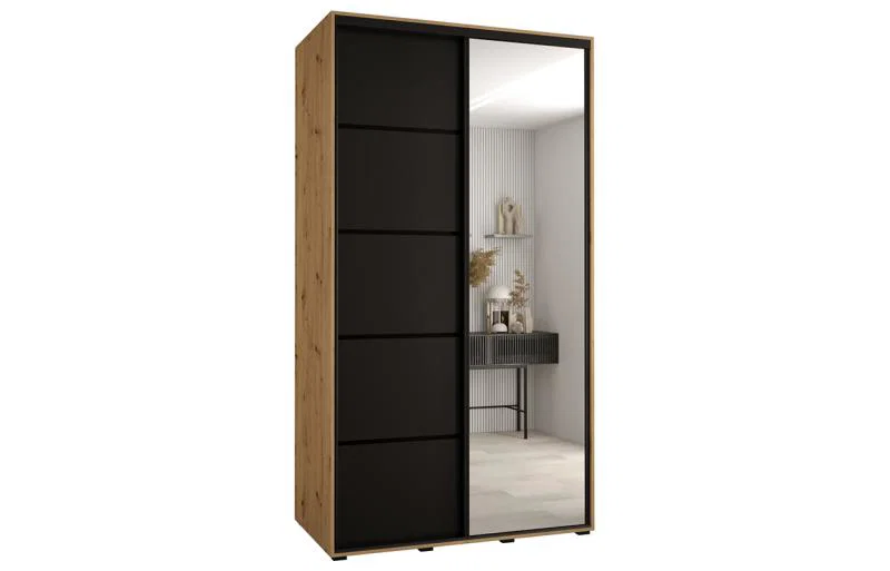 Šatníková skriňa DAVOS 5 posuvné dvere a zrkadlo, 140×235×45, DUB Artisan / čierna / čierne