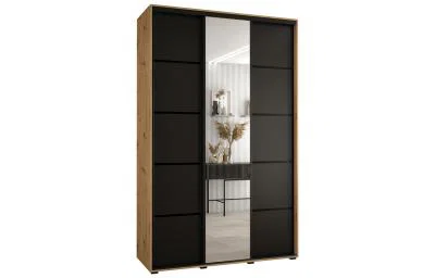 Šatníková skriňa DAVOS 5 posuvné dvere a zrkadlo, 150×235×45, DUB Artisan / čierna / čierne