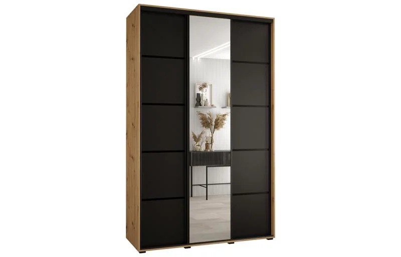 Šatníková skriňa DAVOS 5 posuvné dvere a zrkadlo, 150×235×45, DUB Artisan / čierna / čierne