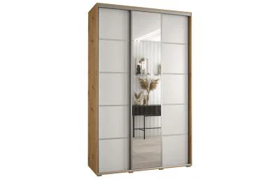 Šatníková skriňa DAVOS 5 posuvné dvere a zrkadlo, 150×235×45, DUB Artisan / biela / strieborné
