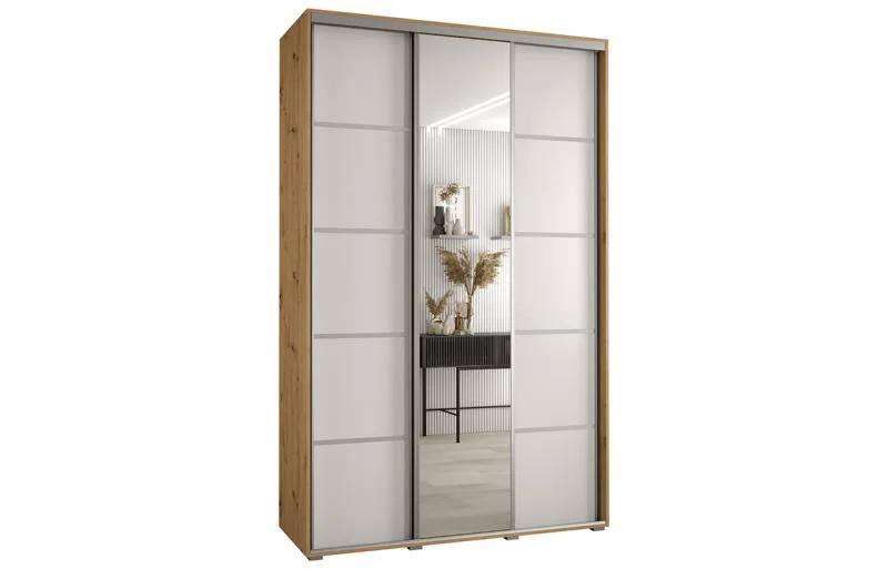 Šatníková skriňa DAVOS 5 posuvné dvere a zrkadlo, 150×235×45, DUB Artisan / biela / strieborné