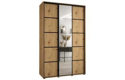 Šatníková skriňa DAVOS 5 posuvné dvere a zrkadlo, 150×235×45, DUB Artisan / čierna / čierne pojazdy