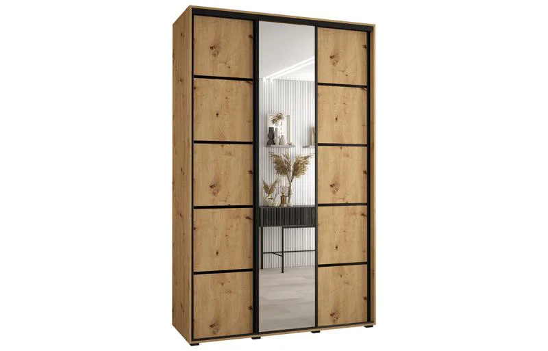 Šatníková skriňa DAVOS 5 posuvné dvere a zrkadlo, 150×235×45, DUB Artisan / čierna / čierne pojazdy