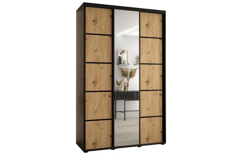 Šatníková skriňa DAVOS 5 posuvné dvere a zrkadlo, 150×235×45, Čierna / DUB Artisan / čierne
