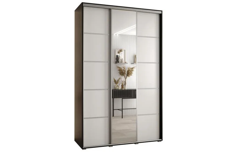 Šatníková skriňa DAVOS 5 posuvné dvere a zrkadlo, 150×235×45, Čierna / biela / strieborné pojazdy