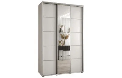 Šatníková skriňa DAVOS 5 posuvné dvere a zrkadlo, 150×235×45, Biela / strieborné pojazdy