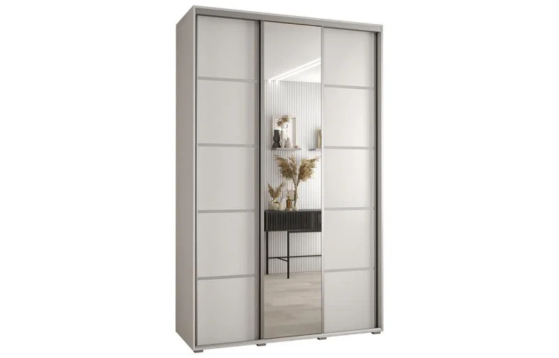 Šatníková skriňa DAVOS 5 posuvné dvere a zrkadlo, 150×235×45, Biela / strieborné pojazdy
