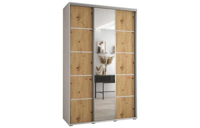 Šatníková skriňa DAVOS 5 posuvné dvere a zrkadlo, 150×235×45, Biela / DUB Artisan / strieborné