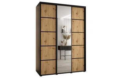 Šatníková skriňa DAVOS 5 posuvné dvere a zrkadlo, 170×235×45, Čierna / DUB Artisan / čierne