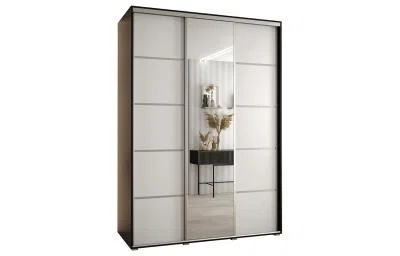 Šatníková skriňa DAVOS 5 posuvné dvere a zrkadlo, 170×235×45, Čierna / biela / strieborné pojazdy