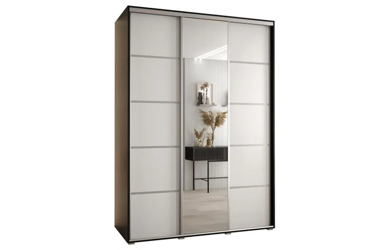 Šatníková skriňa DAVOS 5 posuvné dvere a zrkadlo, 170×235×45, Čierna / biela / strieborné pojazdy