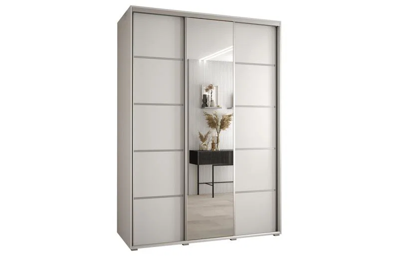 Šatníková skriňa DAVOS 5 posuvné dvere a zrkadlo, 170×235×45, Biela / strieborné pojazdy