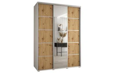 Šatníková skriňa DAVOS 5 posuvné dvere a zrkadlo, 170×235×45, Biela / DUB Artisan / strieborné