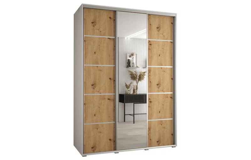 Šatníková skriňa DAVOS 5 posuvné dvere a zrkadlo, 180×235×45, Biela / DUB Artisan / strieborné
