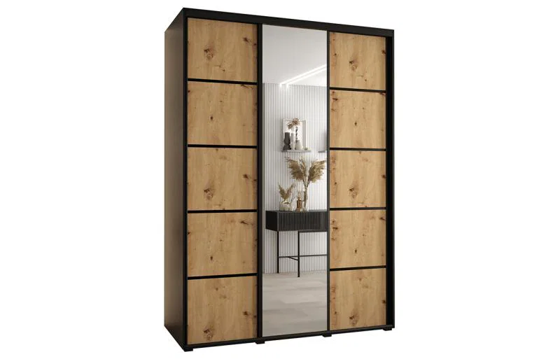 Šatníková skriňa DAVOS 5 posuvné dvere a zrkadlo, 180×235×45, Čierna / DUB Artisan / čierne