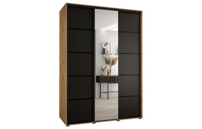 Šatníková skriňa DAVOS 5 posuvné dvere a zrkadlo, 180×235×45, DUB Artisan / čierna / čierne
