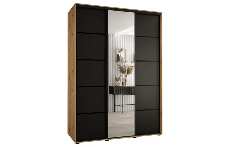 Šatníková skriňa DAVOS 5 posuvné dvere a zrkadlo, 180×235×45, DUB Artisan / čierna / čierne