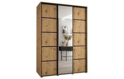 Šatníková skriňa DAVOS 5 posuvné dvere a zrkadlo, 180×235×45, DUB Artisan / čierne pojazdy