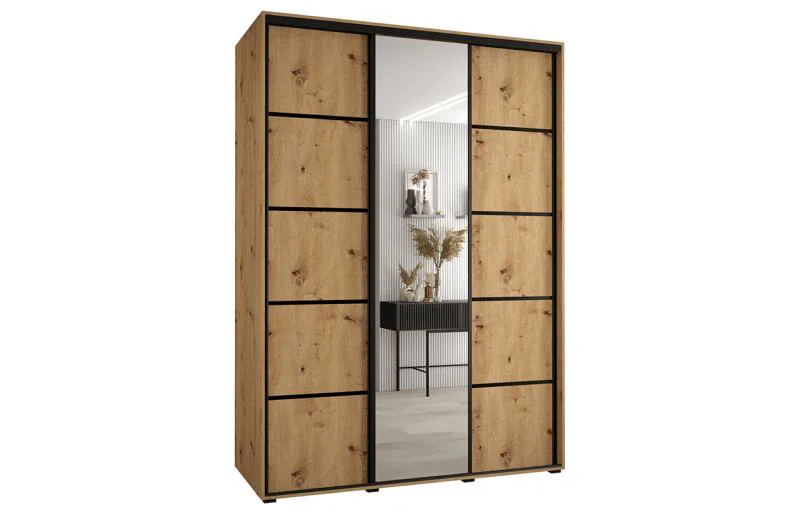 Šatníková skriňa DAVOS 5 posuvné dvere a zrkadlo, 180×235×45, DUB Artisan / čierne pojazdy