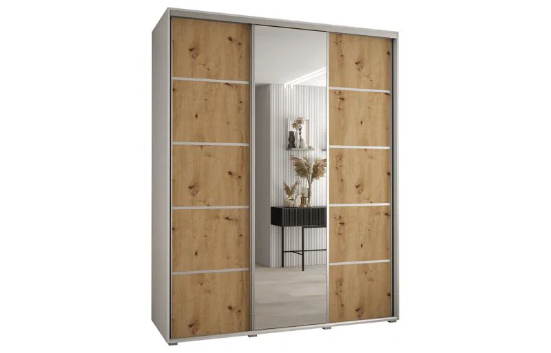 Šatníková skriňa DAVOS 5 posuvné dvere a zrkadlo, 190×235×45, Biela / DUB Artisan / strieborné