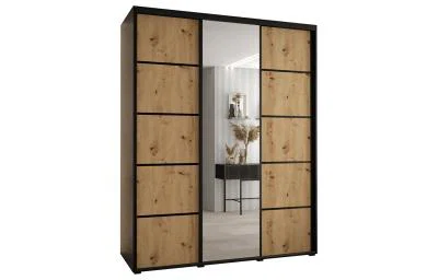 Šatníková skriňa DAVOS 5 posuvné dvere a zrkadlo, 200×235×45, Čierna / DUB Artisan / čierne