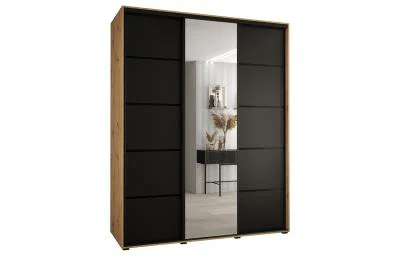 Šatníková skriňa DAVOS 5 posuvné dvere a zrkadlo, 200×235×45, DUB Artisan / čierna / čierne