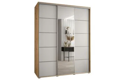 Šatníková skriňa DAVOS 5 posuvné dvere a zrkadlo, 200×235×45, DUB Artisan / biela / strieborné