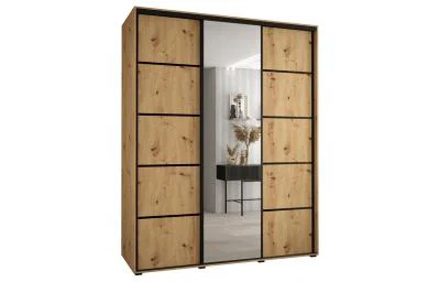 Šatníková skriňa DAVOS 5 posuvné dvere a zrkadlo, 200×235×45, DUB Artisan / čierne pojazdy