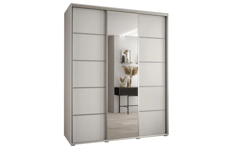 Šatníková skriňa DAVOS 5 posuvné dvere a zrkadlo, 200×235×45, Biela / strieborné pojazdy