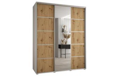 Šatníková skriňa DAVOS 5 posuvné dvere a zrkadlo, 200×235×45, Biela / DUB Artisan / strieborné