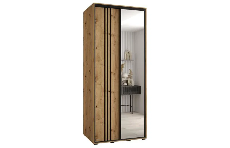 Šatníková skriňa DAVOS 7 posuvné dvere a zrkadlo, 100×235×45, DUB Artisan / čierne pojazdy