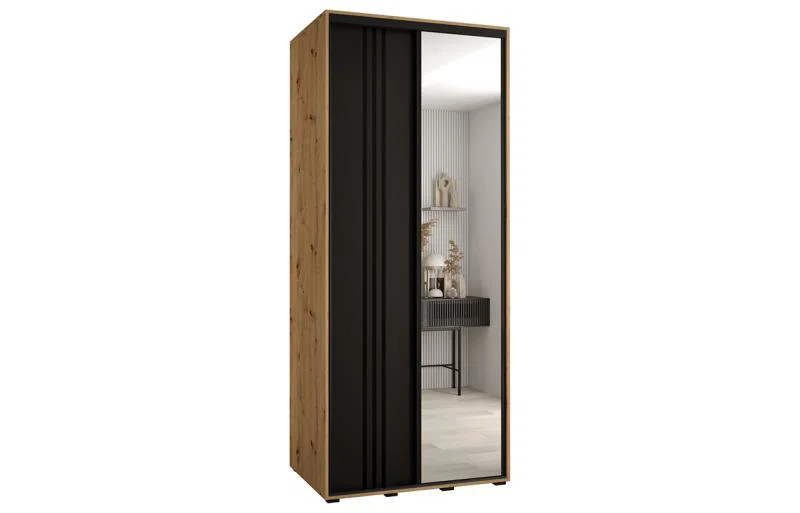 Šatníková skriňa DAVOS 7 posuvné dvere a zrkadlo, 100×235×45, DUB Artisan / čierna / čierne