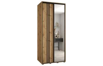 Šatníková skriňa DAVOS 7 posuvné dvere a zrkadlo, 120×235×45, DUB Artisan / čierne pojazdy