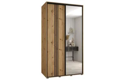 Šatníková skriňa DAVOS 7 posuvné dvere a zrkadlo, 140×235×45, DUB Artisan / čierne pojazdy