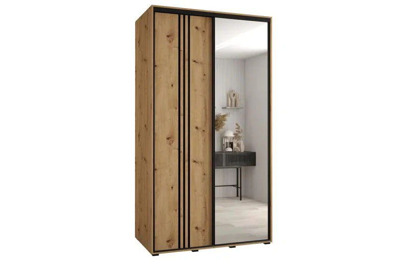 Šatníková skriňa DAVOS 7 posuvné dvere a zrkadlo, 140×235×45, DUB Artisan / čierne pojazdy