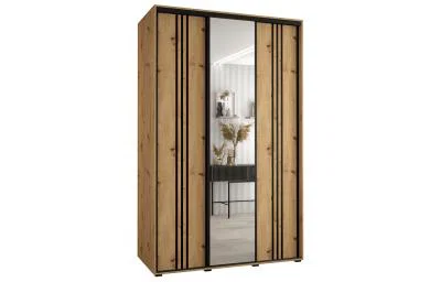 Šatníková skriňa DAVOS 7 posuvné dvere a zrkadlo, 160×235×45, DUB Artisan / čierne pojazdy